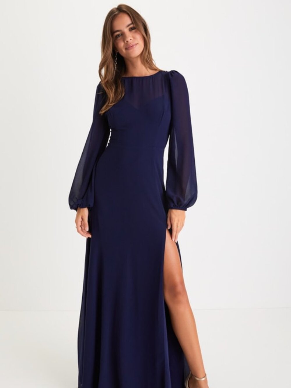 Lulus Prestigious Poise Navy Blue Backless Balloon Sleeve Maxi Dress - Size M